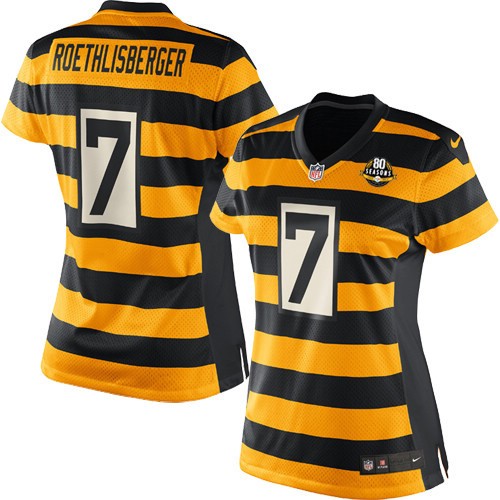 Women's Elite Ben Roethlisberger 80th Anniversary Nike Jersey Gold/Black Alternate - #7 Throwback NFL Pittsburgh Steelers